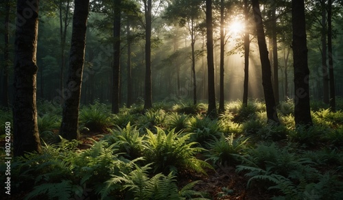 Sunlight streaming through a forest onto ferns