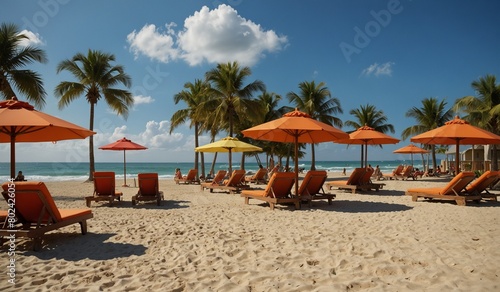 Sunny beach with palm trees and orange umbrellas