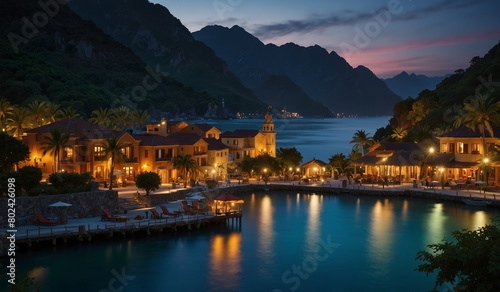 Twilight over a tranquil coastal village with lights