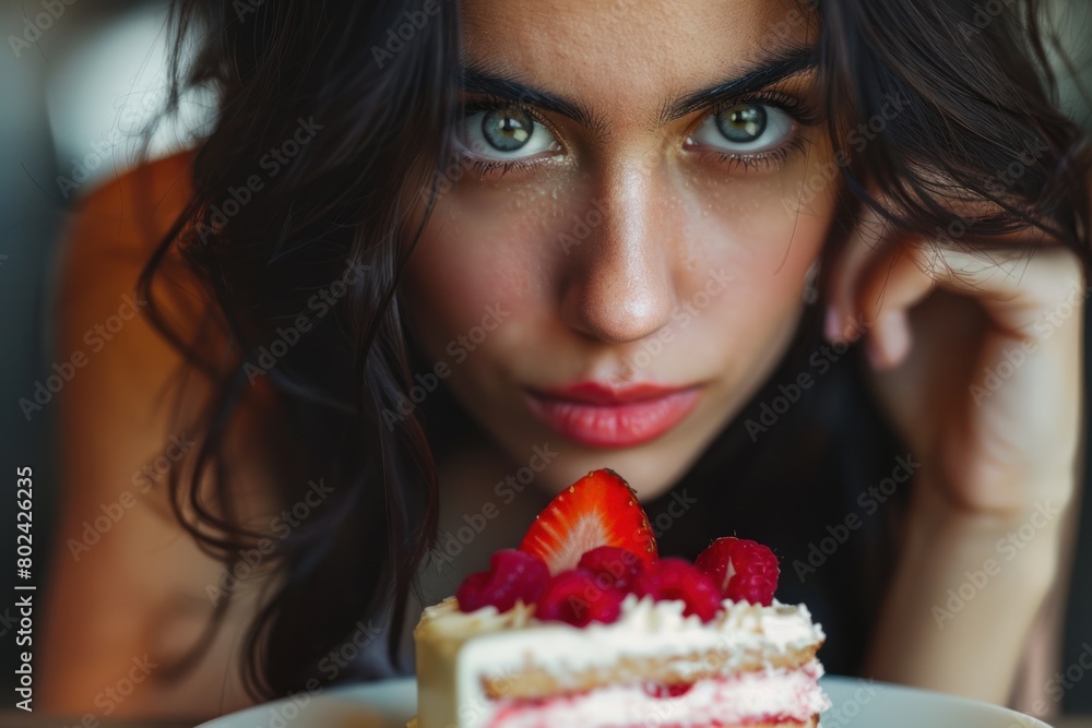 A woman with long hair and blue eyes looks intently at the camera, on the table lies a piece of cake with strawberries and raspberries on top. A woman with long hair and blue eyes looks intently at the camera, on the table lies a piece of cake with strawberries and raspberries on top.