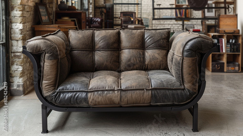 A contemporary black metal frame sofa chair with plush cushions, adding an industrial touch to a modern loft or urban apartment.
