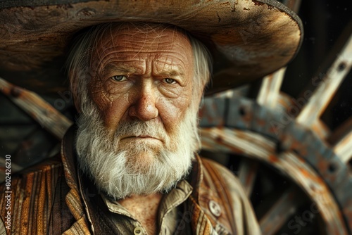 An old man with a white beard and a straw hat looks at the camera. In the background is a rusty cart wheel.