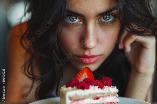 A woman with long hair and blue eyes looks intently at the camera, on the table lies a piece of cake with strawberries and raspberries on top. photo