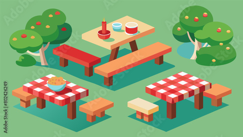 The parks metal benches and colorful picnic tables covered with red checkered cloths adorned with sctious soul food dishes.. Vector illustration