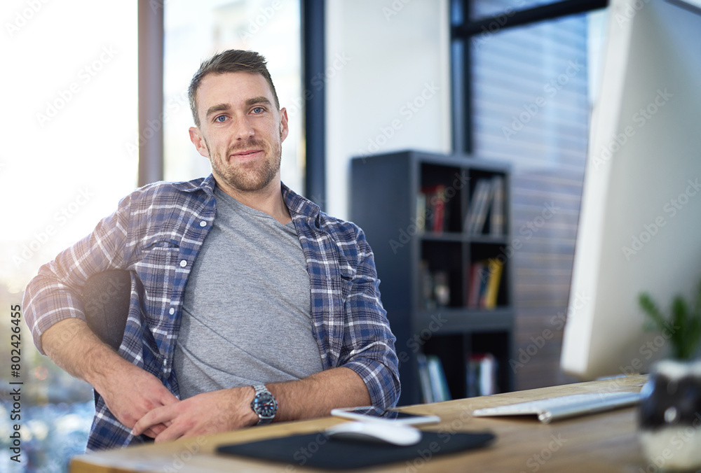 Relax, computer and portrait of creative businessman in office with opportunity, confidence and tech startup. Web design, pride and happy face of online developer with professional career at agency Relax, computer and portrait of creative businessman in office with opportunity, confidence and tech startup. Web design, pride and happy face of online developer with professional career at agency