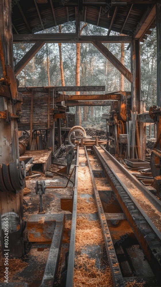 Sawmill, sawmill buildings with equipment with logs in the forest