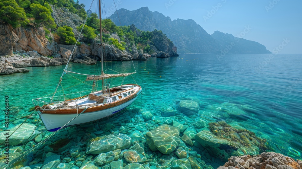 Serene Turkish Coastline with Clear Turquoise Waters and Moored Sailboat
