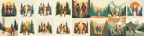 Outdoor Adventure Vector Collection, Illustration of Hikers in Diverse Mountain Landscapes