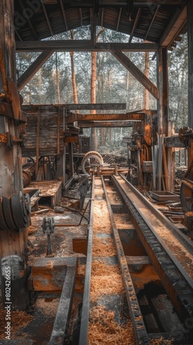 Sawmill, sawmill buildings with equipment with logs in the forest © serz72