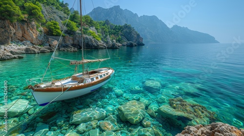 Serene Turkish Coastline with Clear Turquoise Waters and Moored Sailboat © AS Photo Family
