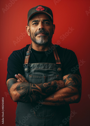 portrait bbq expert wearing apron. black t-shirt, red background, latino style, social media and brand concept usage