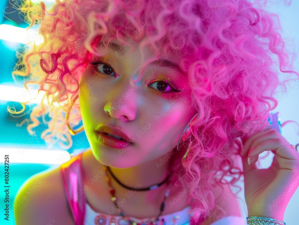 Teen Chinese Woman with Pink Curly Hair neon style Illustration.