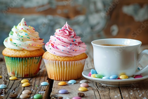 Tasty cupcakes with butter cream and cup of coffee on wooden table