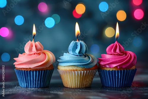 Sweet cupcakes with whipped cream and candles on blurred lights background