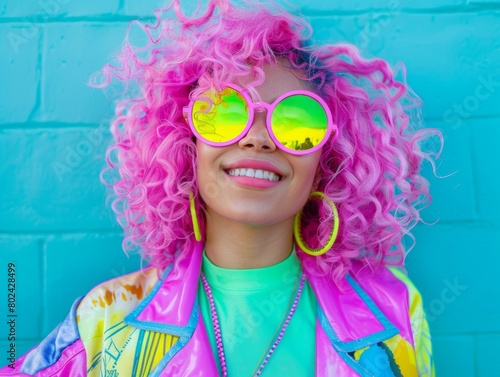 Teen Latino Woman with Pink Curly Hair neon style Illustration.