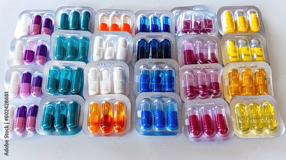 a vibrant display of colorful pills and capsule tab packaging, meticulously arranged on a crisp white background, captured in an immersive close-up shot. a vibrant display of colorful pills and capsule tab packaging, meticulously arranged on a crisp white background, captured in an immersive close-up shot.