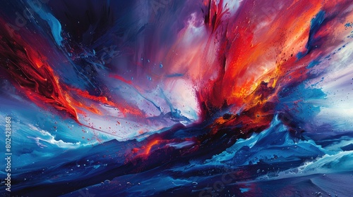 Bold strokes of fiery reds and oranges colliding with icy blues and purples, creating a dramatic abstract composition that ignites the imagination.