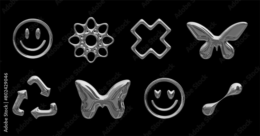 Y2K style metal elements. Set of metallic chrome liquid elements in 2000s style on black background. Metal signs emoticon, butterfly, cross, arrows Y2K style metal elements. Set of metallic chrome liquid elements in 2000s style on black background. Metal signs emoticon, butterfly, cross, arrows