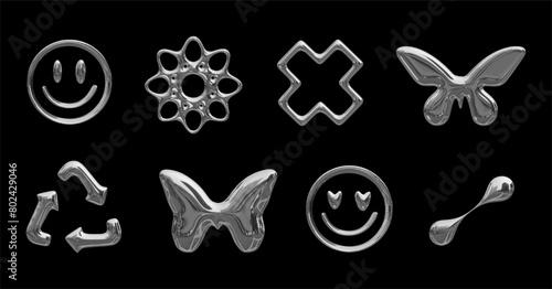 Y2K style metal elements. Set of metallic chrome liquid elements in 2000s style on black background. Metal signs emoticon, butterfly, cross, arrows