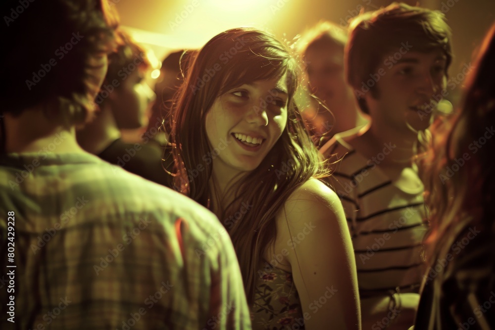 Young woman dancing in front of her friends at a live music festival