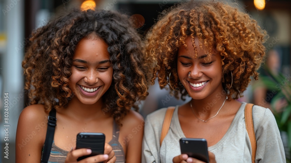 Fototapeta premium Stylish teenage girls using a smartphone on the street, trendy urban youth scene