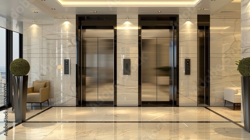 the modern office building interior, boasting sleek stainless steel elevator doors and walls adorned with luxurious beige marble tiles. © lililia