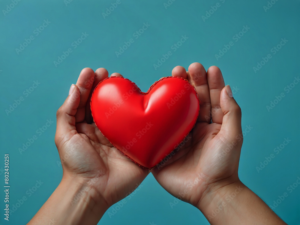 Obraz premium adult and child hands holding a red heart on an aqua background, heart health, donation, CSR concept, World Heart Day, World health day, family day