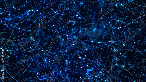 Abstract network connections with blue glowing nodes on a dark background. Conceptual design for technology and communication