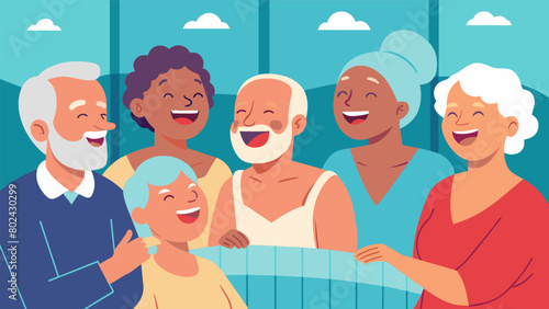 A group of seniors sitting in an infrared sauna laughing and chatting while the saunas detoxifying properties help improve their overall health.. photo