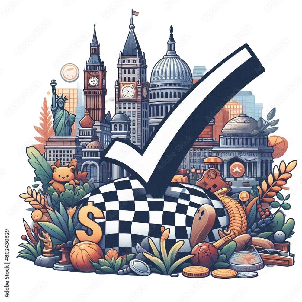 Obraz premium city skyline in sign tick vector cartoon illustration isolated on transparent background - Generative AI
