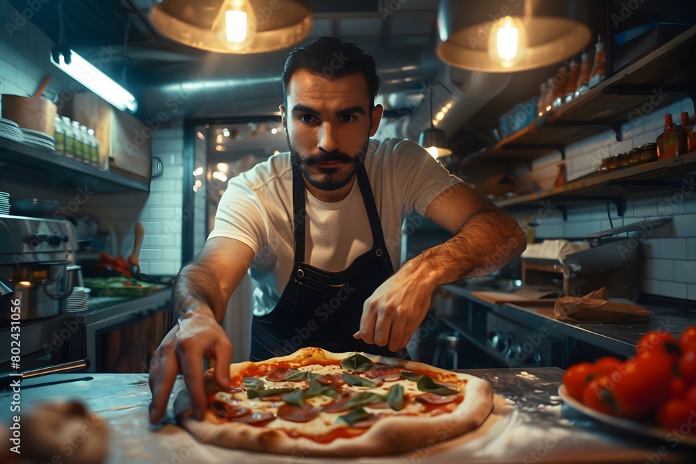 Young handsome pizzaiolo guy making pizza. Pizzeria kitchen Young handsome pizzaiolo guy making pizza. Pizzeria kitchen