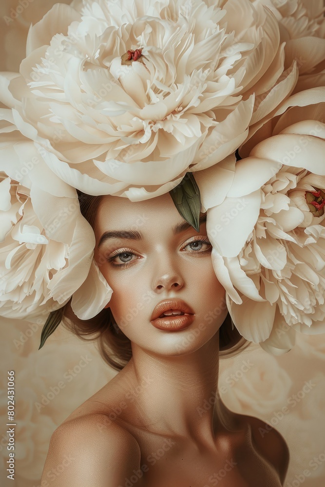 realistic Illustration of a beautiful woman with large peonies on her head. fashion beauty portrait, vertical realistic Illustration of a beautiful woman with large peonies on her head. fashion beauty portrait, vertical