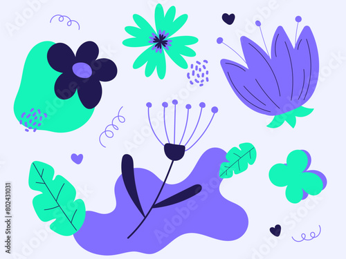 an illustration with painted simple flowers in the doodle style of light green, purple