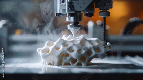 A close-up of a 3D printer building a complex geometric shape, demonstrating the intricate capabilities of additive manufacturing.