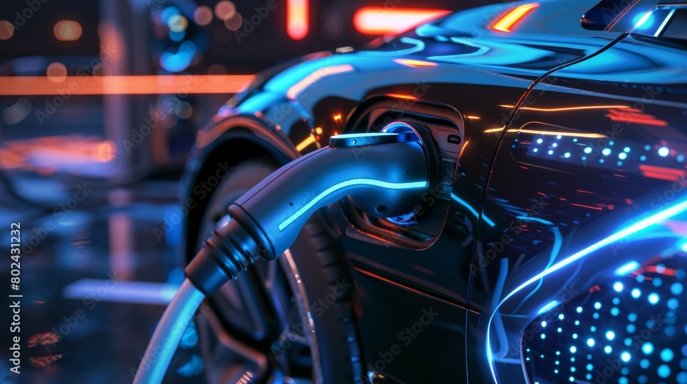 A close-up of a futuristic EV charging port being connected to a sleek electric car, highlighting sustainable transportation. A close-up of a futuristic EV charging port being connected to a sleek electric car, highlighting sustainable transportation.