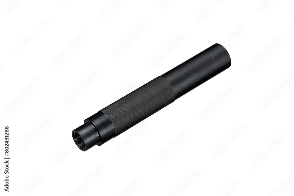Black silencer for weapons. Suppressor that is at the end of an assault rifle. Isolate on a white back. Black silencer for weapons. Suppressor that is at the end of an assault rifle. Isolate on a white back.
