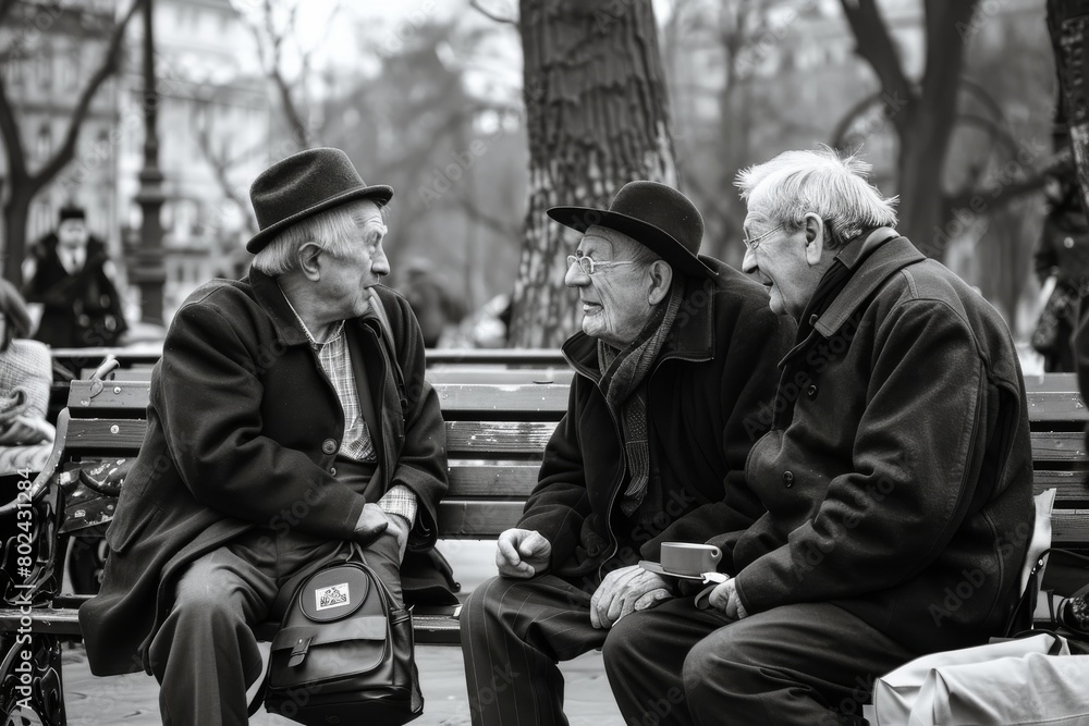 Three senior men sitting on a bench in the park and talking.