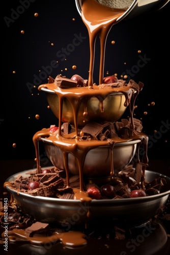 Beautiful chocolate fountain with fruits. banquet, celebration, birthday, wedding, graduation. Gourmet chocolate fountain with cream icing. Vertical Frame. Flowing Chocolate