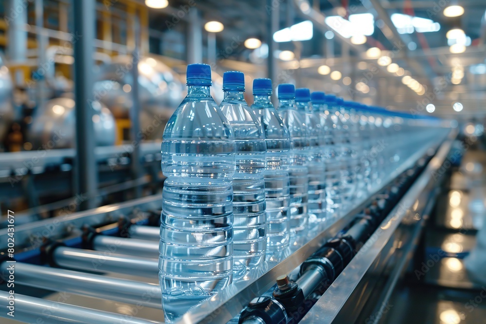 Plastic bottles on a conveyor belt at factory Plastic bottles on a conveyor belt at factory