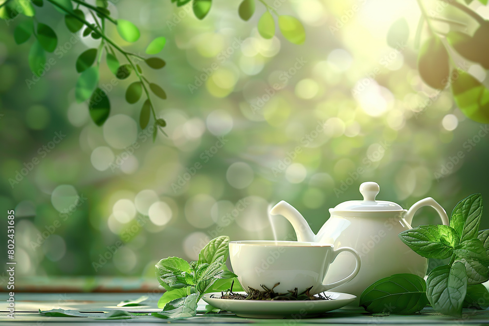 White cup with teapot of aromatic tea and green mint leafs on blurred green background White cup with teapot of aromatic tea and green mint leafs on blurred green background
