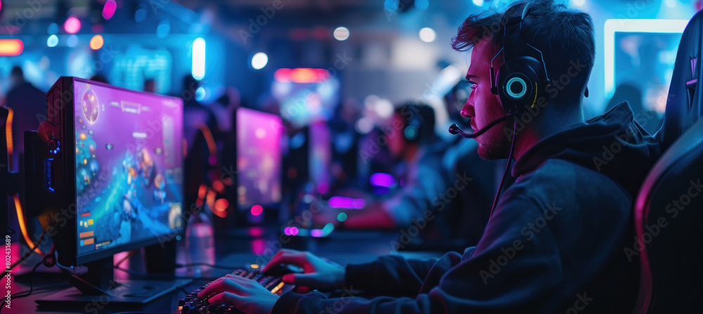 Obraz premium Young boys group playing video game on computer
