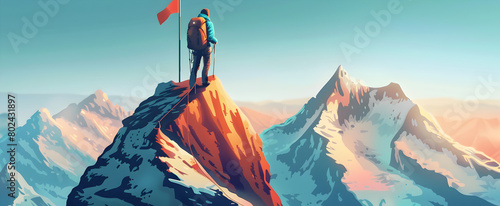 a man with a backpack in the mountains Fearless Climber climbing path to flag Conquering New Heights The beauty of a majestic and snow capped mountain range, with rugged peaks. photo