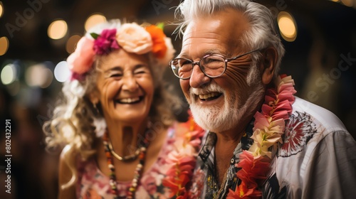 Amusing stock image of seniors dancing at a luau party, their laughter and festive attire conveying a sense of lightness and enjoyment