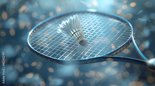 Badminton racket with shuttlecock against a bokeh light background. Elegant close-up of badminton gear with shimmering lights. Detailed view of badminton shuttle on racket. Summer sports concept © Alina