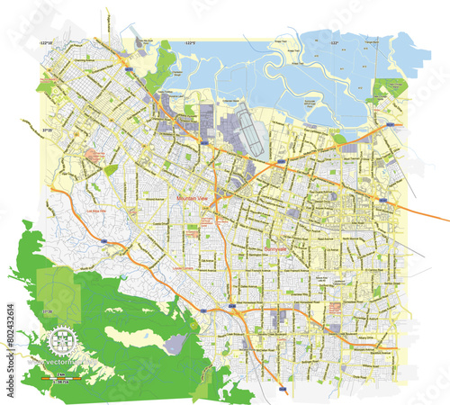 Mountain View California US Vector Map, Editable layered, 20 mb, names main streets