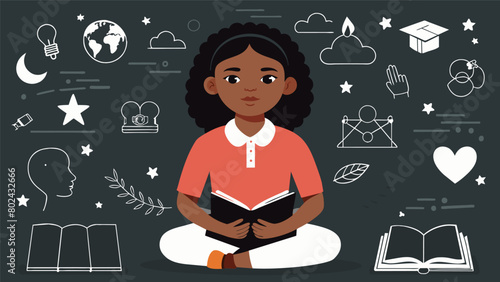 A powerful image of a young girl sitting in front of a chalkboard surrounded by figures and quotes of influential black leaders symbolizing the. Vector illustration