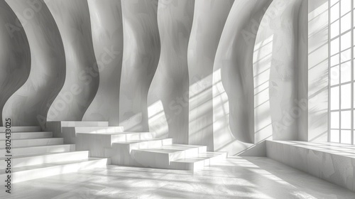 A monochromatic 3D rendered interior with white curving shapes creating a tranquil and futuristic atmosphere photo