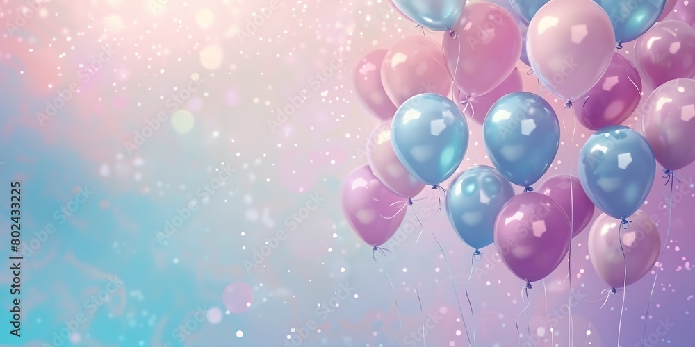 a bunch of balloons floating in the air with a blurry background behind them with white and pink bubbles