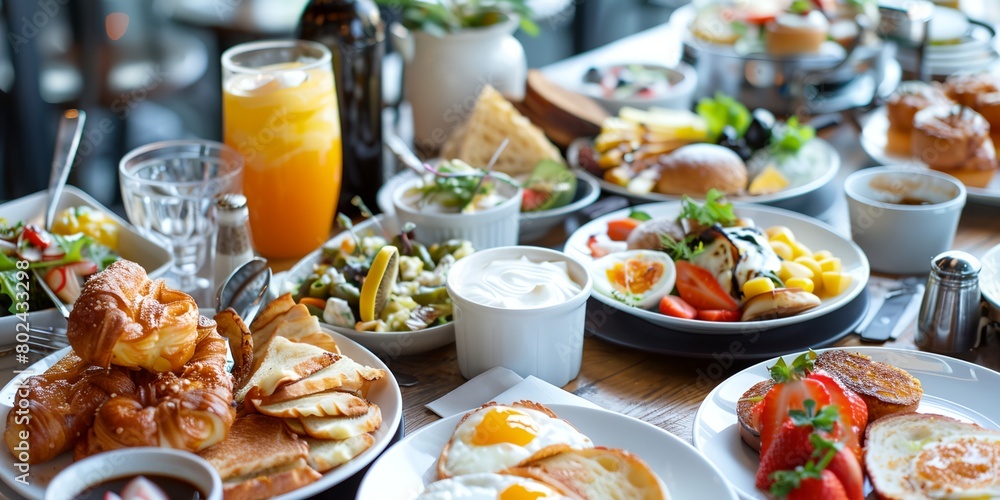 a table full of food and drinks on it's side, including bread, eggs, and fruit