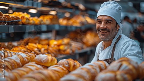 A man is smiling in front of a bakery with many loaves of bread